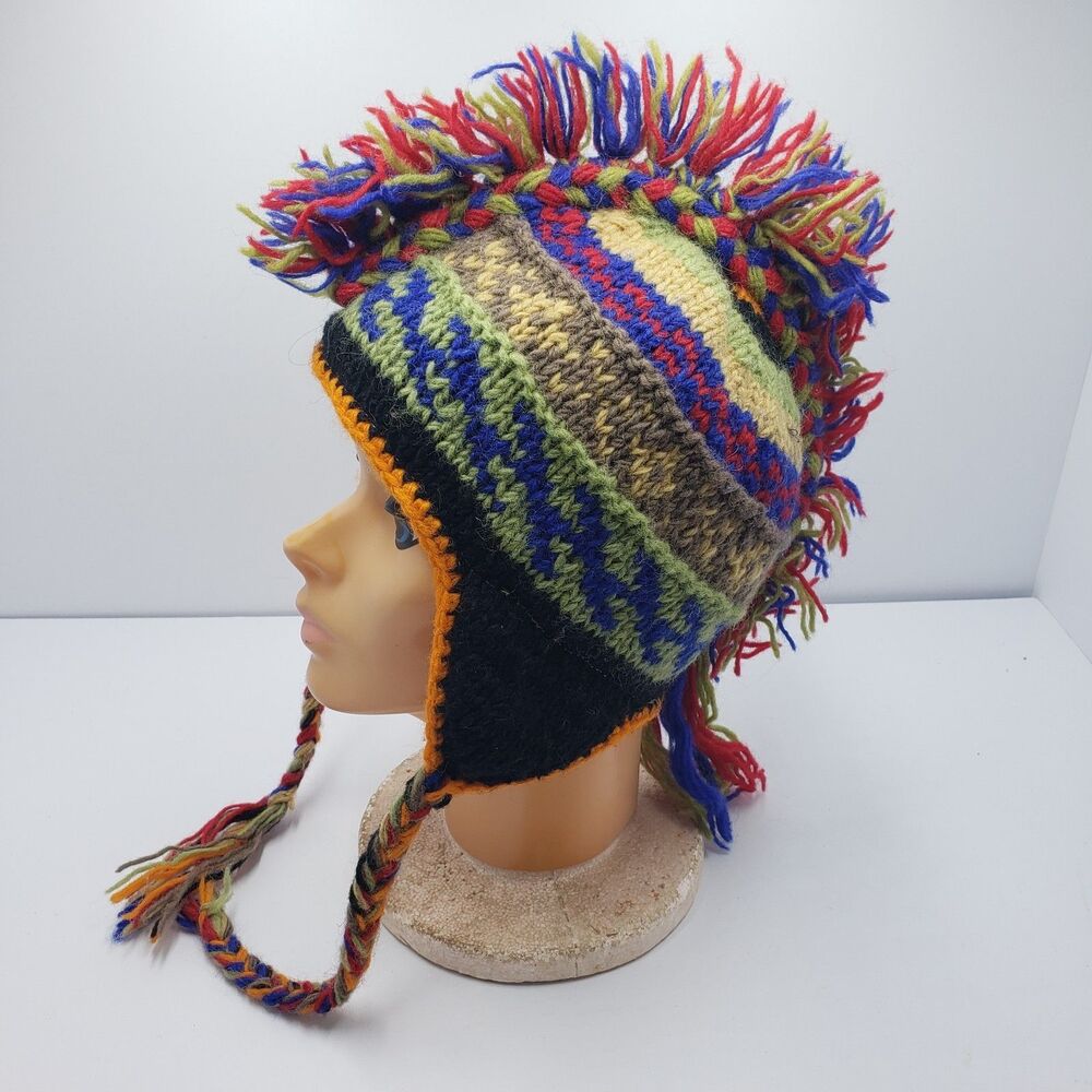 Handmade 100% Wool Nepal Mohawk Hat Fleece Lined Earflap Multicolor Boho
